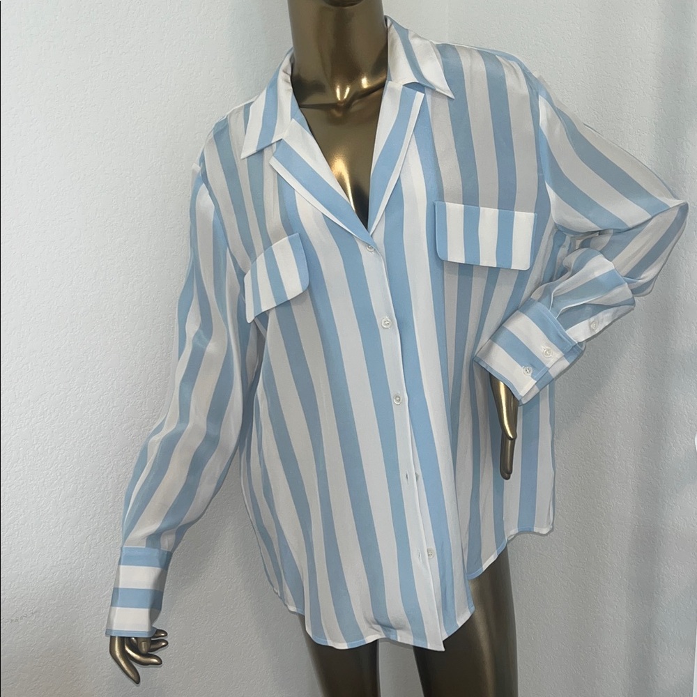 Frame Light Blue and White Striped Silk Blouse Shirt